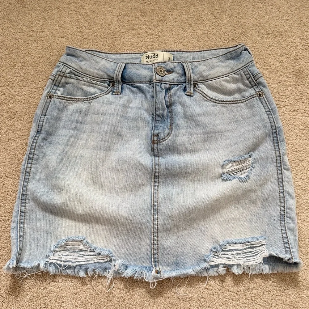 Vintage Y2K Mudd Light Blue Distressed Denim Mini Skirt Frayed Hem Flx Stretch 3 - Picture 1 of 3